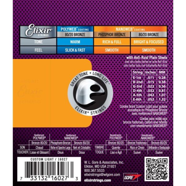 Elixir Phosphor Bronze Nanoweb Acoustic Guitar String Set, 11-52 - Image 3