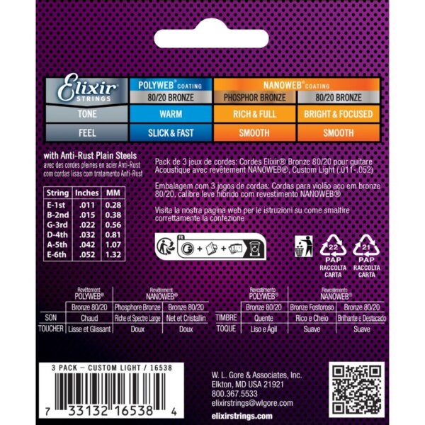 Elixir 80/20 Bronze Nanoweb Acoustic Guitar Strings, 11-52, 3-Pack - Image 2