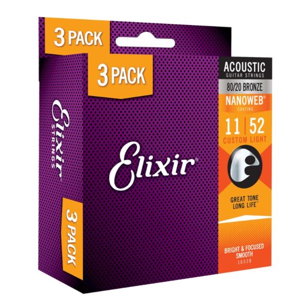 Elixir 80/20 Bronze Nanoweb Acoustic Guitar Strings, 11-52, 3-Pack - Image 3