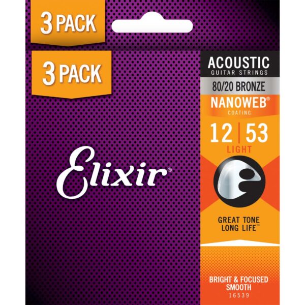 Elixir 80/20 Bronze Nanoweb Acoustic Guitar Strings, 12-53, 3-Pack