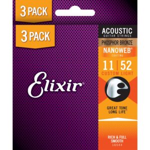 Elixir Phosphor Bronze Nanoweb Acoustic Guitar Strings, 11-52, 3-Pack