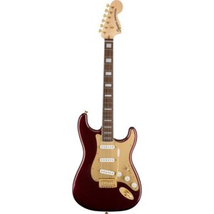 Squier 40th Anniversary Stratocaster®, Gold Edition, Laurel Fingerboard, Gold Anodized Pickguard, Ruby Red Metallic