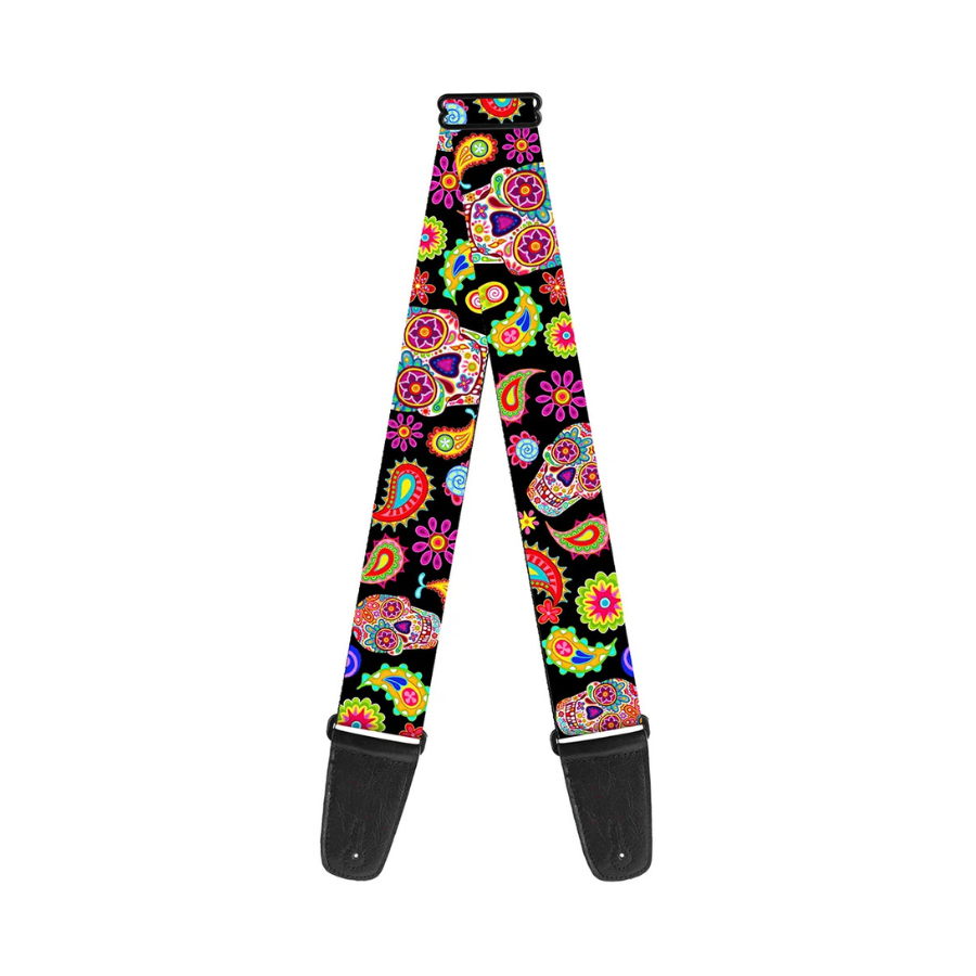 Buckle-Down Thaneeya Guitar Strap, Bobo Sugar Skull Paisley Black Multi Color
